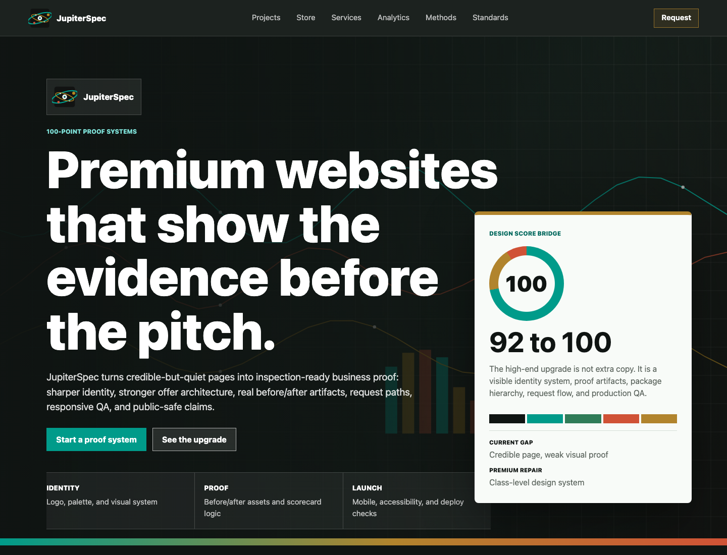 Later internal JupiterSpec homepage concept with revised offer language and information hierarchy.