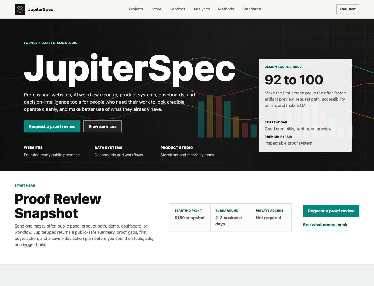 Earlier internal JupiterSpec homepage concept with a service overview and internal design score card.